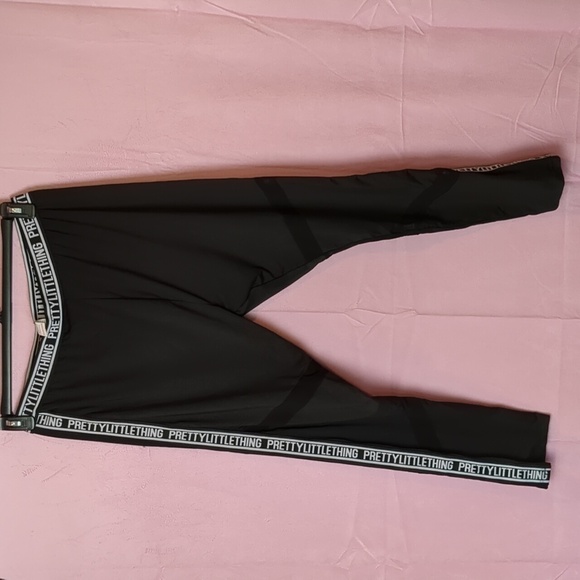 PrettyLittleThing Black Mesh Insert Logo Stripe Waistband Leggings size XL - Picture 1 of 6
